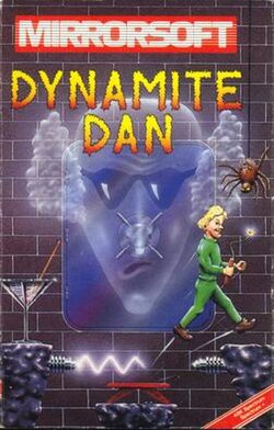 Cover art for Dynamite Dan on the ZX Spectrum, 1985, showing the character Dan in a mine shaft dodging obstacles