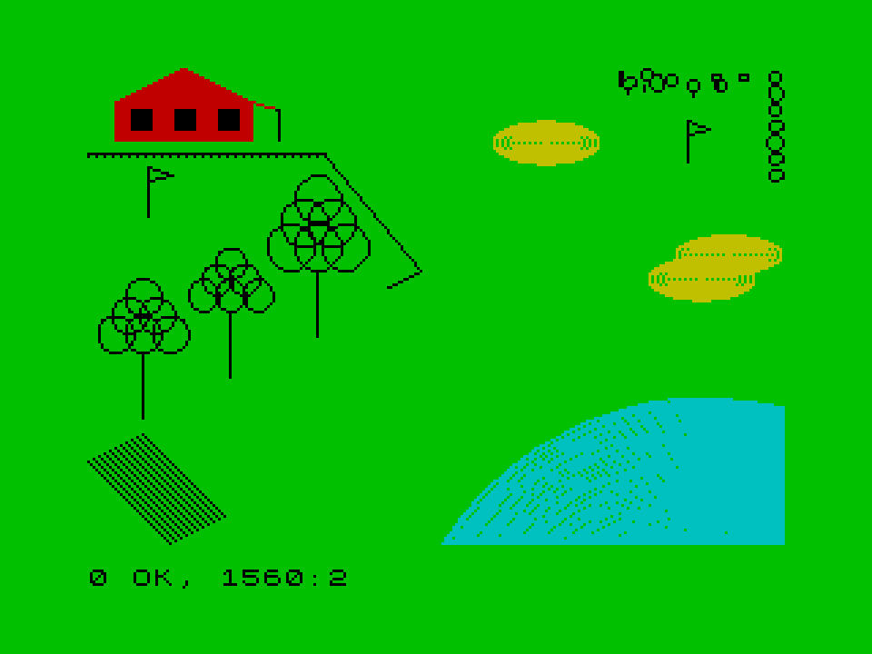 The rendered golf course: a green screen with a red clubhouse, a row of tree sprites, a sand bunker, a cyan lake, and scattered yellow bunkers, with the BASIC prompt '0 OK, 1560:2' at the bottom