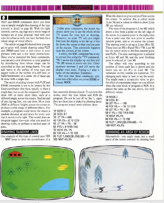A page from INPUT magazine issue 6, BASIC Programming feature, showing PLOT and DRAW listings and example screenshots of a green landscape with trees and a skier