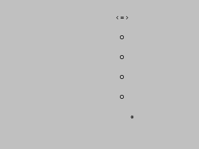 Splat running on a ZX Spectrum: a bat drawn as <=> at the bottom of the screen, four O characters marking the fall of a ball, and an asterisk showing the ball's current row