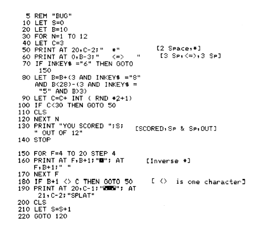 Scanned BASIC listing for the Splat game from The Century Computer Programming Course, lines 5 to 220, with bracketed editorial notes in the margin calling out exact spacing such as [2 Spaces,*] and [3 SP,<=>,3 SP]