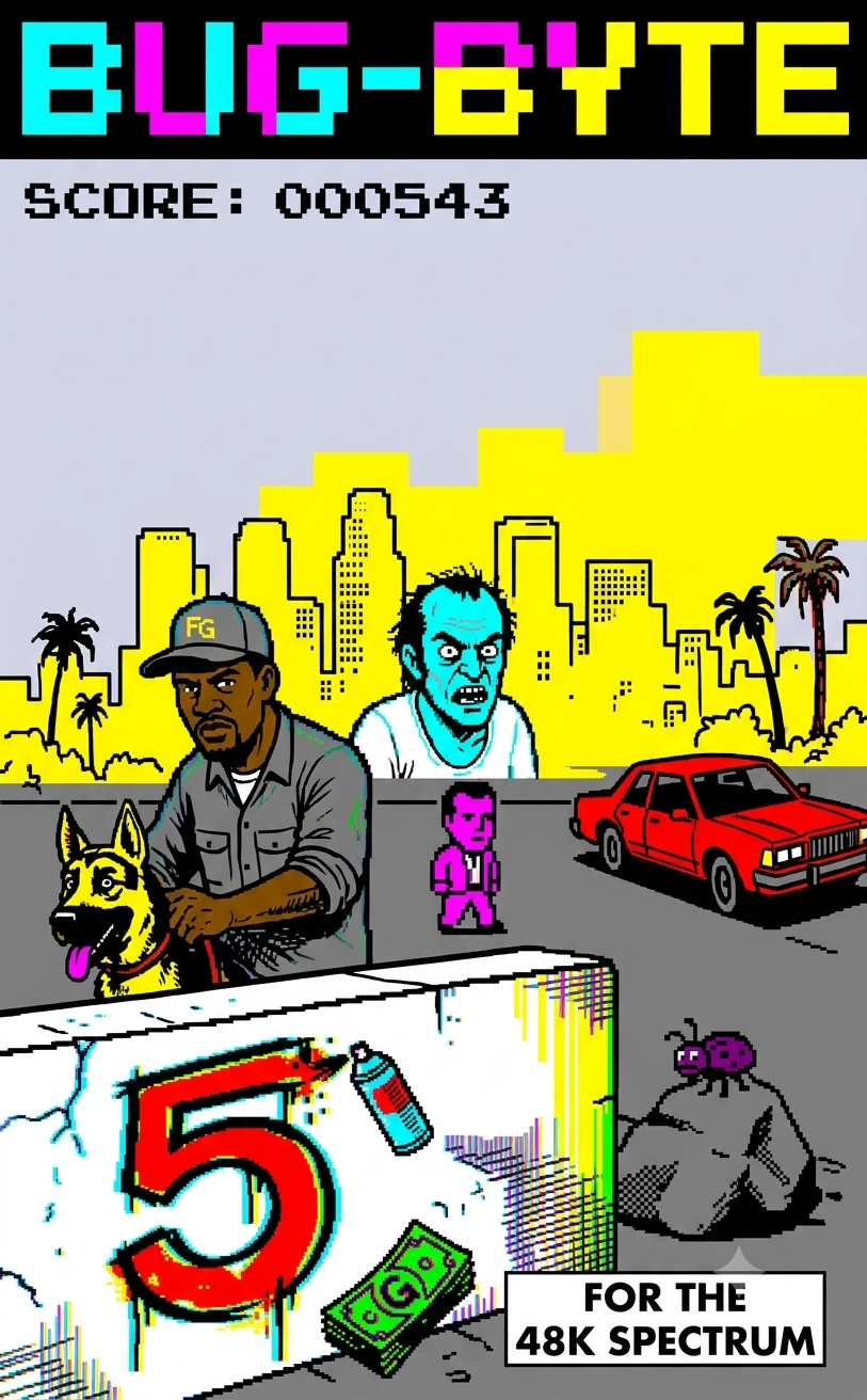 AI-generated parody cover mashing up Grand Theft Auto V with ZX Spectrum-style pixel art and CRT glitch effects, showing blocky characters and a city skyline in front of a Bug-Byte logo, a SCORE: 000543 readout, and a spray-painted price tag reading 5 for the 48K Spectrum