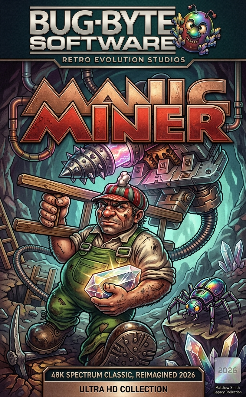 AI-generated speculative Manic Miner cover art in a painted 1980s style, showing a scruffy miner in green overalls holding a diamond in one hand and a pickaxe in the other, with a robotic spider and mining machinery behind him, labelled Bug-Byte Software and Matthew Smith Legacy Collection