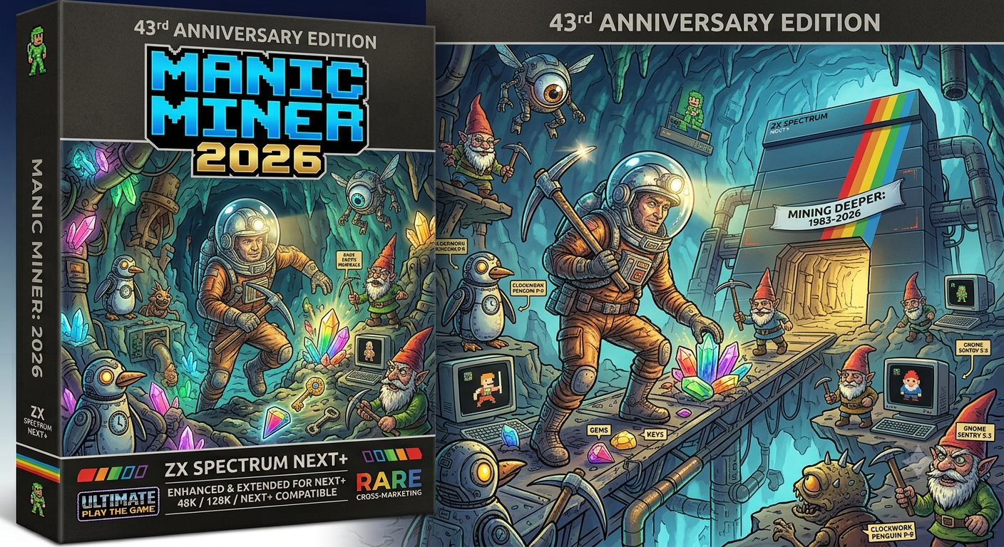 AI-generated speculative 2026 boxed edition of Manic Miner for ZX Spectrum Next+, showing a spacesuit-wearing miner with a pickaxe surrounded by cartoon gnomes in a glowing crystal cave, with Ultimate Play the Game and RARE Cross-Marketing logos on the packaging