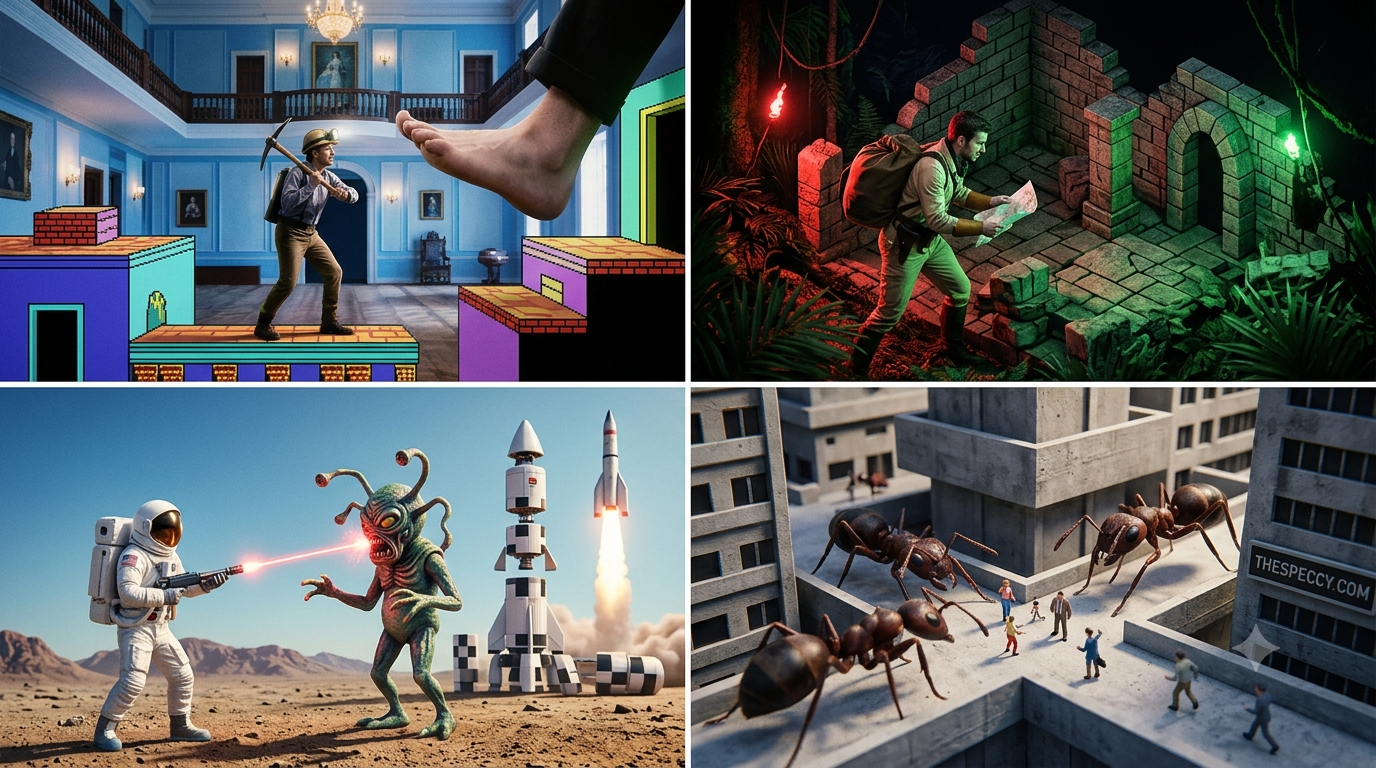 Four-panel AI-generated collage reimagining ZX Spectrum classics photorealistically: a helmeted miner on platforms beneath a giant foot in an ornate mansion room, an explorer reading a map among jungle ruins lit in red and green, an astronaut firing a laser at a bug-eyed alien beside a launching rocket, and giant ants towering over tiny pedestrians among city skyscrapers labelled thespeccy.com