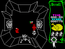 Atic Atac in-game screen: a pseudo-3D room viewed from above with doors and enemies, and the roast chicken health gauge in the sidebar