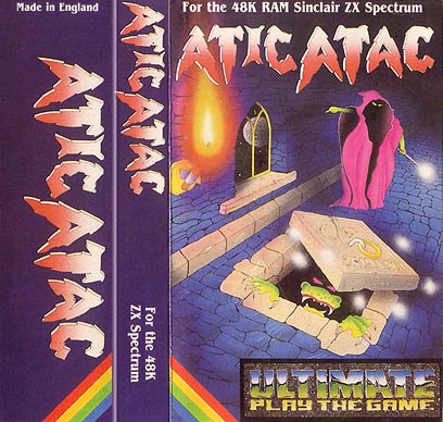 Atic Atac cassette inlay: purple artwork of a hooded figure beside an open trapdoor with a candle-lit window, and the Ultimate Play the Game logo