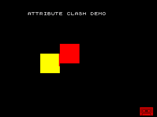 ZX Spectrum screen reading ATTRIBUTE CLASH DEMO, showing a yellow square and a red square overlapping, with a visibly blocky, stair-stepped boundary between the two colours rather than a smooth edge