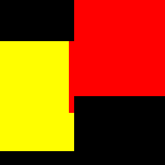 Zoomed-in crop of the boundary between the yellow and red squares, magnified so individual pixels are visible, showing a small blocky notch of red bleeding into the yellow area and a matching notch of black background cut into the red area, rather than a smooth diagonal edge