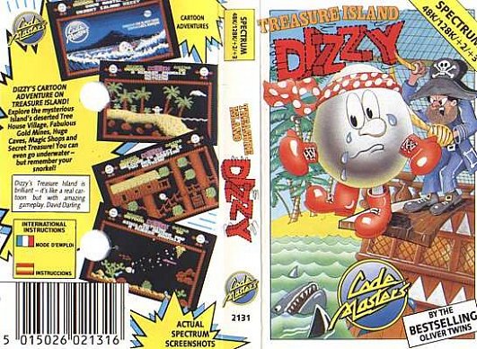 Treasure Island Dizzy cassette inlay art showing the egg-shaped character Dizzy on a beach