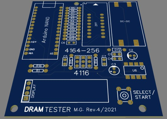 A 3D render of the DRAM tester PCB, labelled with the Arduino Nano footprint, a ZIF socket outline, a DC-DC converter block, and silkscreened '4164-256', '4116', and 'DRAM TESTER'