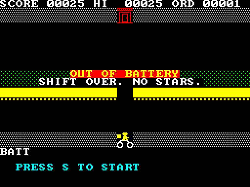 Gig Rush game over screen: OUT OF BATTERY flashing on a red bar, SHIFT OVER. NO STARS. underneath, final score and high score in the HUD