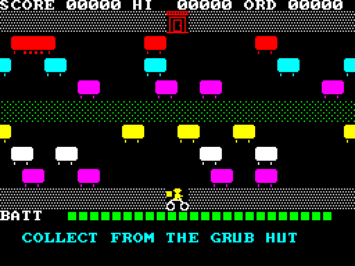 Gig Rush gameplay: the rider sprite near the bottom of the screen, six lanes of small rectangular cars with wheel nubs above and below a grass median, a green battery bar, and a status message