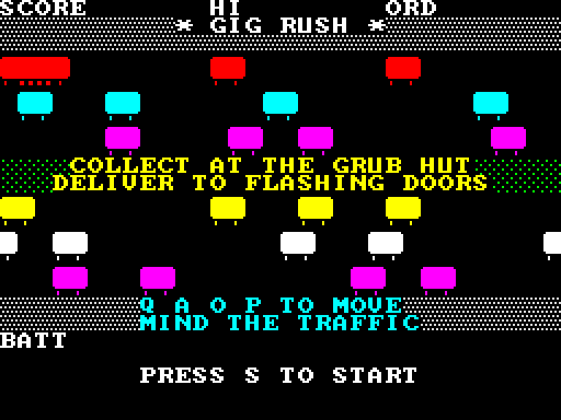 Gig Rush title screen: GIG RUSH in white text over a black background with rows of coloured cars, instructions to collect at the grub hut and deliver to flashing doors, and press S to start