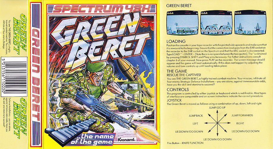 Green Beret cassette inlay: painted artwork of a soldier in a green beret firing a rifle, with the Imagine and Konami logos and loading instructions