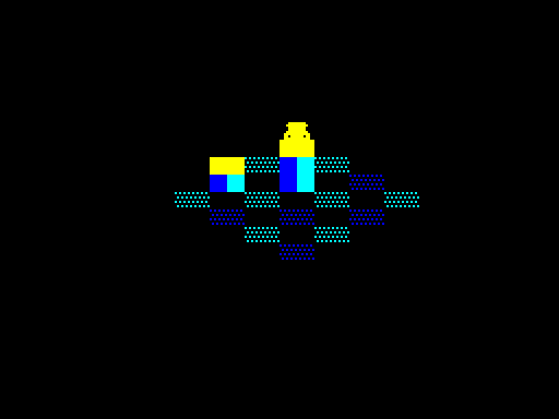 The hero character standing at the origin, almost entirely hidden behind the tall block which has risen up to occupy the same screen position, with only the tip of the hero's fedora visible above the block's yellow top face