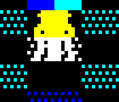 Close-up of the hero sprite drawn with a masked blit: small white and cyan dots from the dithered floor pattern are visible peeking through the gaps beside the shoulders and between the legs
