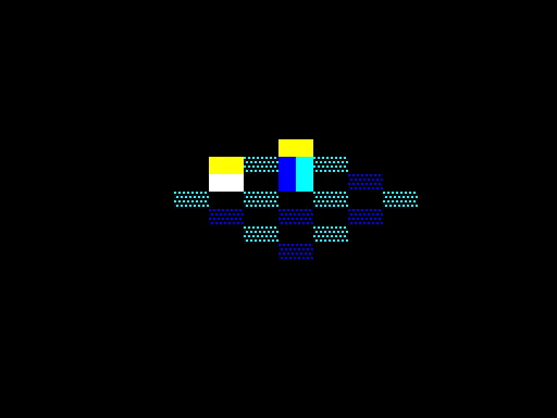 A small isometric scene: a dithered blue and cyan chequerboard floor with two raised cube blocks, one low and one tall, each showing a bright yellow top face and distinct blue and cyan side faces