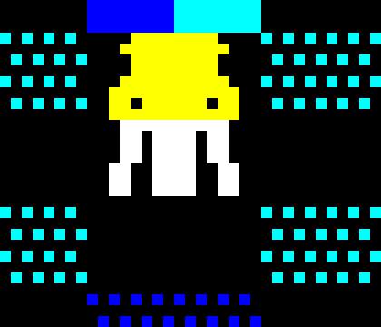 The same close-up drawn with a plain solid blit instead: the gaps beside the shoulders and between the legs are solid black, with the floor pattern erased