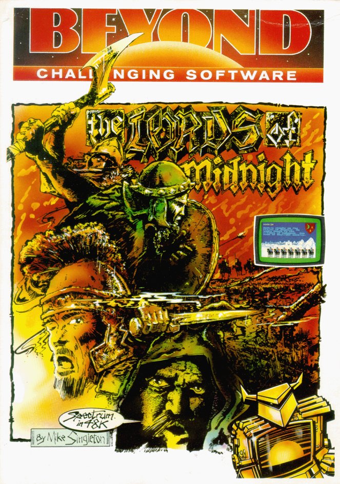 Lords of Midnight cassette inlay art showing a warrior on horseback before a fortress