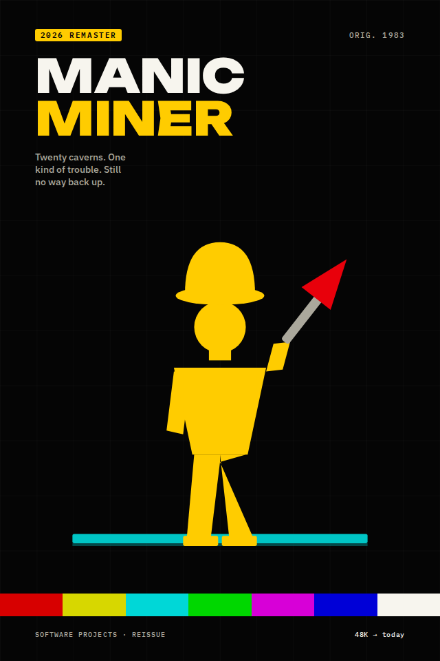 Speculative 2026 remaster cover for Manic Miner: a flat yellow silhouette of Miner Willy in a bowler hat holding a pickaxe aloft, standing on a cyan platform against a black background, with a bold blocky MANIC MINER wordmark above and a thin multicoloured stripe along the bottom edge