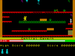 Manic Miner in-game screen: Miner Willy in a cavern with platforms, hazards and the AIR supply bar at the bottom