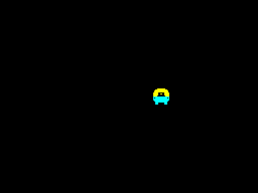 A mostly black Spectrum screen with the small yellow and cyan sprite standing mid-screen