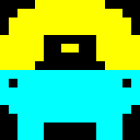 16x16 pixel sprite of a small yellow character with a black goggle and cyan dungarees, shown enlarged