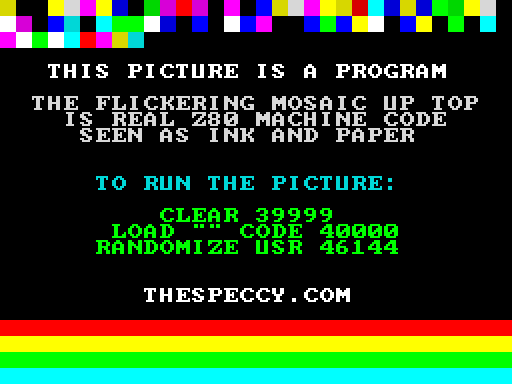 The polyglot screen: a mosaic of coloured cells across the top, text explaining the trick, loading instructions, and a rainbow at the bottom