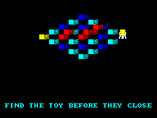 The Toy Department: an isometric chequerboard floor in blue and cyan diamonds, with a white-and-yellow hero sprite on the right and a bright yellow toy marker on the left