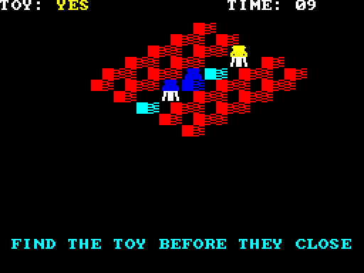 The Escalators corridor: red wall tiles surround a narrow lane of blue and cyan floor tiles, with the white hero sprite and a blue-uniformed guard sprite standing close together in the middle