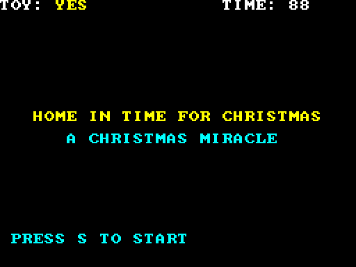 Victory screen reading HOME IN TIME FOR CHRISTMAS and A CHRISTMAS MIRACLE, with the HUD showing TOY: YES and TIME: 88