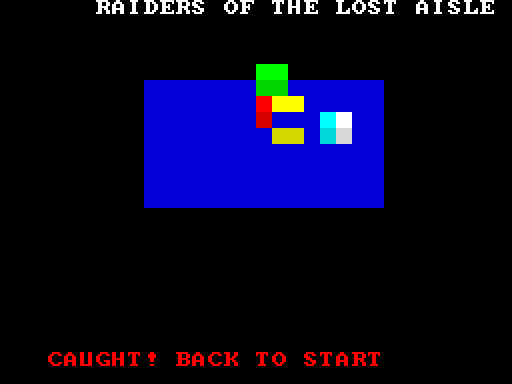Aisle 7 with a red CAUGHT! BACK TO START message across the bottom of the screen