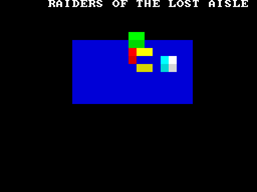 Aisle 7: a blue isometric floor with yellow shelving units, a green checkout counter, a red guard sprite, and a cyan player sprite