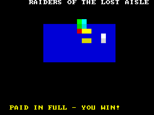 Aisle 7 with a yellow PAID IN FULL - YOU WIN! message across the bottom of the screen