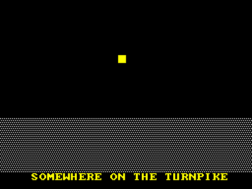 Spectranos scene 1: a black void with a single flashing yellow light, a dithered road below, captioned SOMEWHERE ON THE TURNPIKE