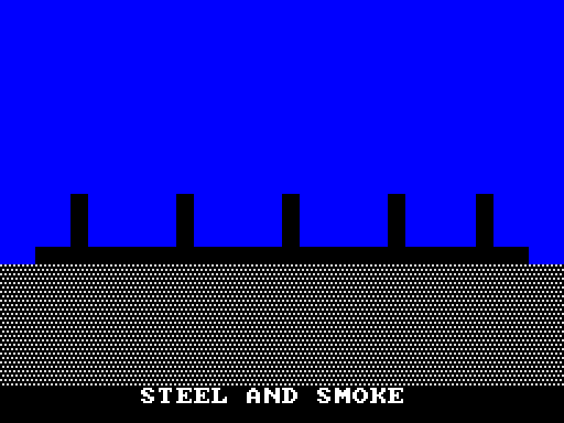 Spectranos scene 3: a blue sky over a black bridge deck silhouette with five evenly spaced support legs, captioned STEEL AND SMOKE