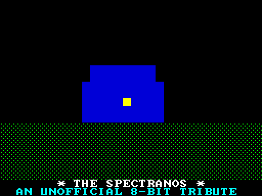 Spectranos scene 6: a blue house silhouette with a flashing yellow porch light on a green lawn under a black night sky, with the title card THE SPECTRANOS and byline AN UNOFFICIAL 8-BIT TRIBUTE
