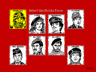 Strike Force Cobra squad selection screen: eight black-and-white sketched mercenary portraits in a grid on a red background, labelled Kowalski, Stern, Fernandez, Viskova, Van Heusen, Du Pont, McWatt and Dawson, under the heading "Select the Strike Force"