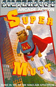 Cover art for Super Mutt on the ZX Spectrum, published by Silversoft, showing a caped dog flying over a city skyline