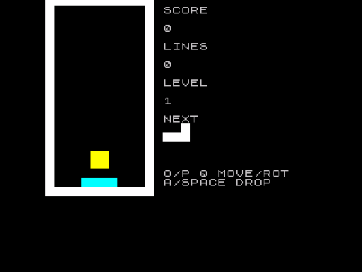 ZX Spectrum screen showing a cyan bar locked at the bottom of the playfield with a yellow square piece landing on top of it