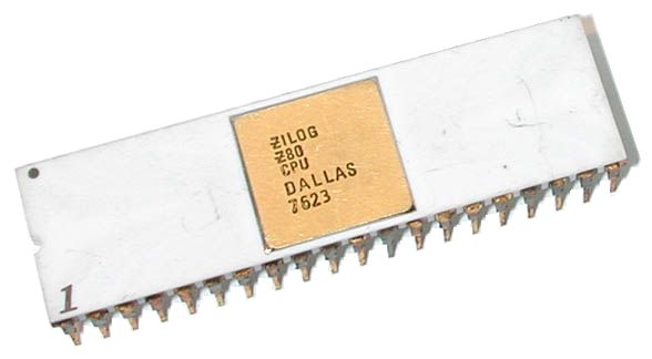 Photograph of an early production Zilog Z80 microprocessor in a white ceramic 40-pin dual in-line package, with printed markings identifying it as a Z80 CPU